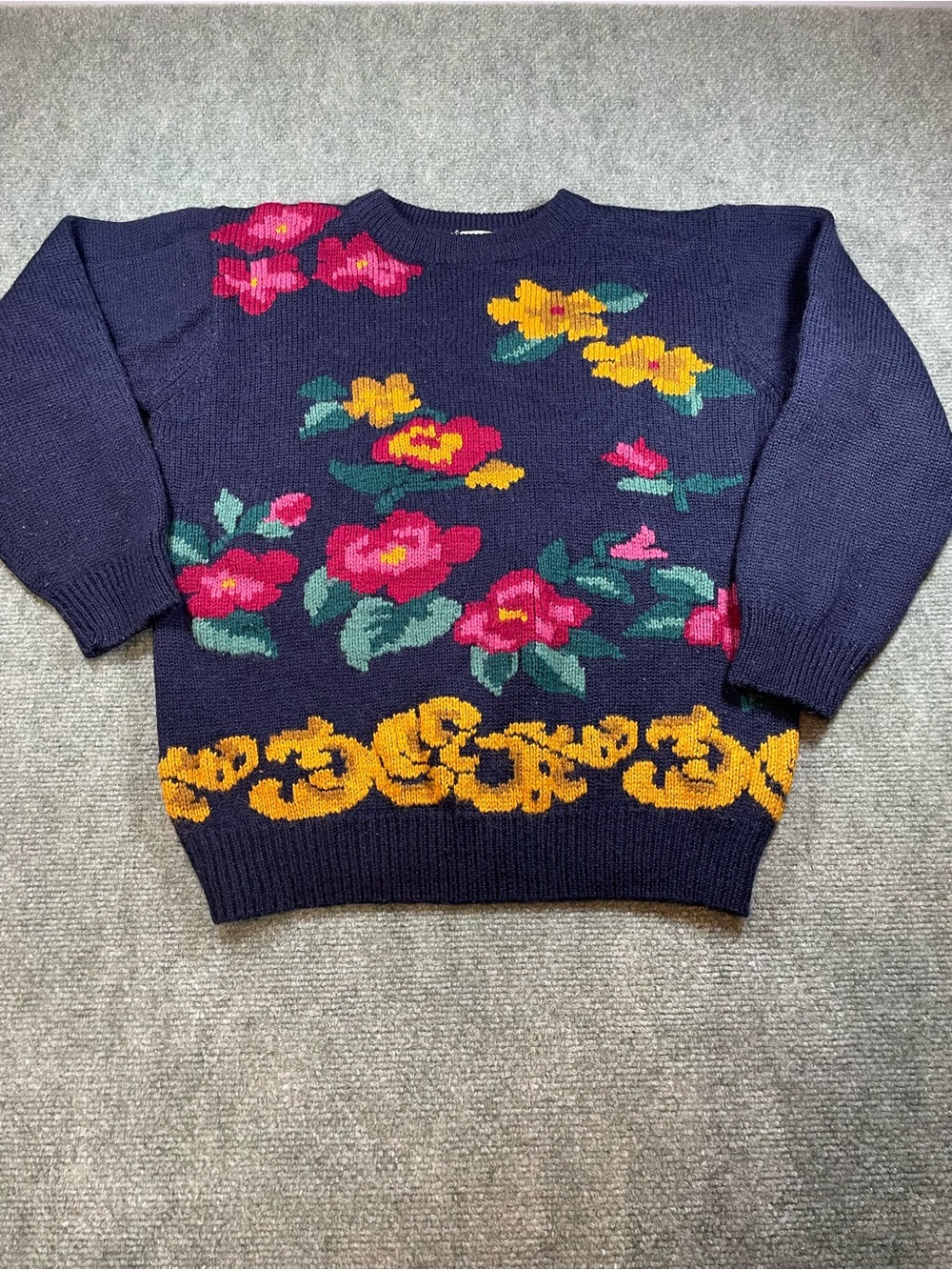 Alfred Dunner Navy Floral Intarsia Crewneck Sweater with Pink & Yellow Flowers